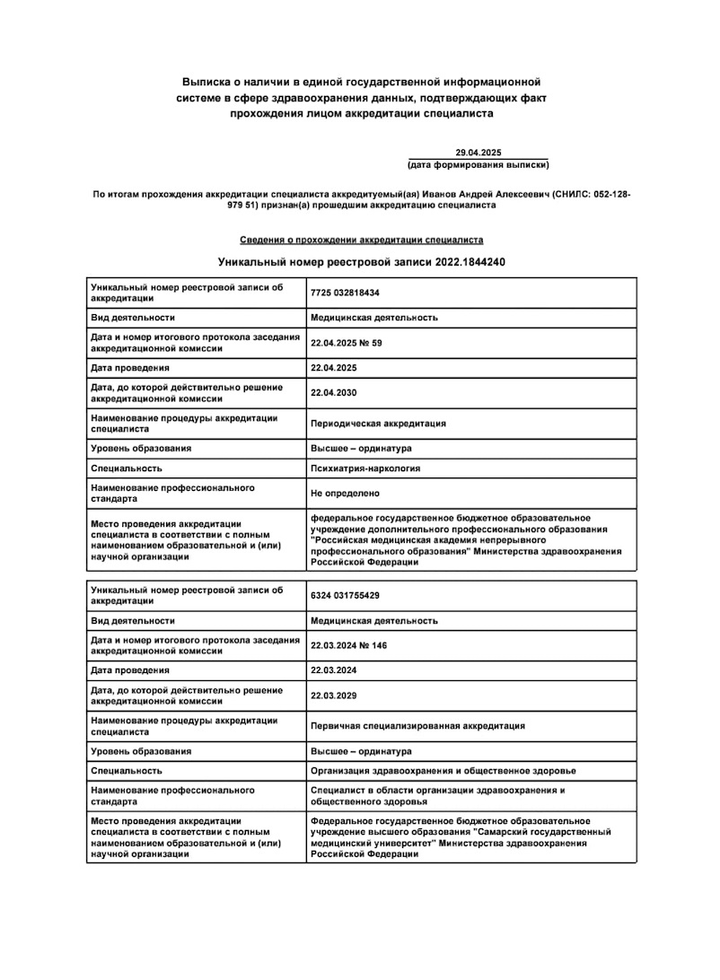 Выписка аккредитации специалиста врача нарколога
